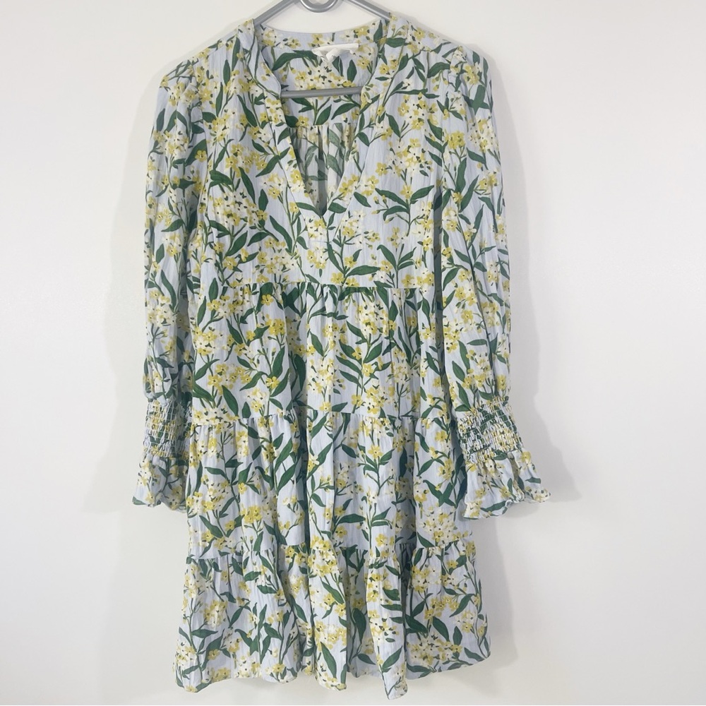 Pomander Place Floral Long Sleeve V-Neck Mini Dress in White, Green, Yellow